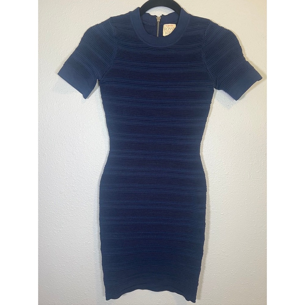 Torn by Ronny Kobo Bodycon Dress XS Navy Blue Ribbed Knit Back Zip Mini Dress